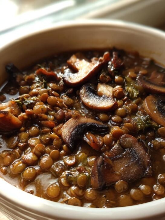 A close-up of a bowl filled with rich French Lentil And Mushroom Soup, topped with sliced, saut&eacute;ed mushrooms.