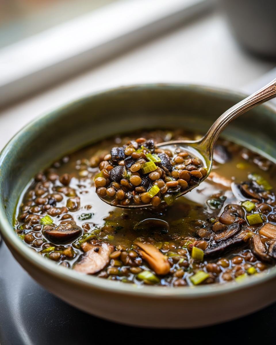 A spoonful of rich French Lentil And Mushroom Soup, showing lentils, mushrooms, and green onions.
