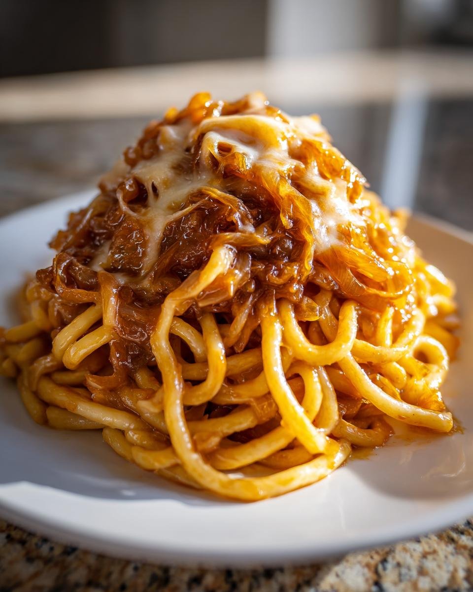 A close-up of a serving of French Onion Pasta Recipe With Caramelized Onions And Gruyere, topped with melted cheese.