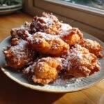 A plate piled high with golden brown Fresh Peach Fritters, generously dusted with white powdered sugar.