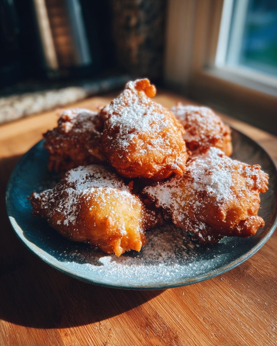 A plate of golden brown Fresh Peach Fritters generously dusted with white powdered sugar, sitting on a wooden surface.