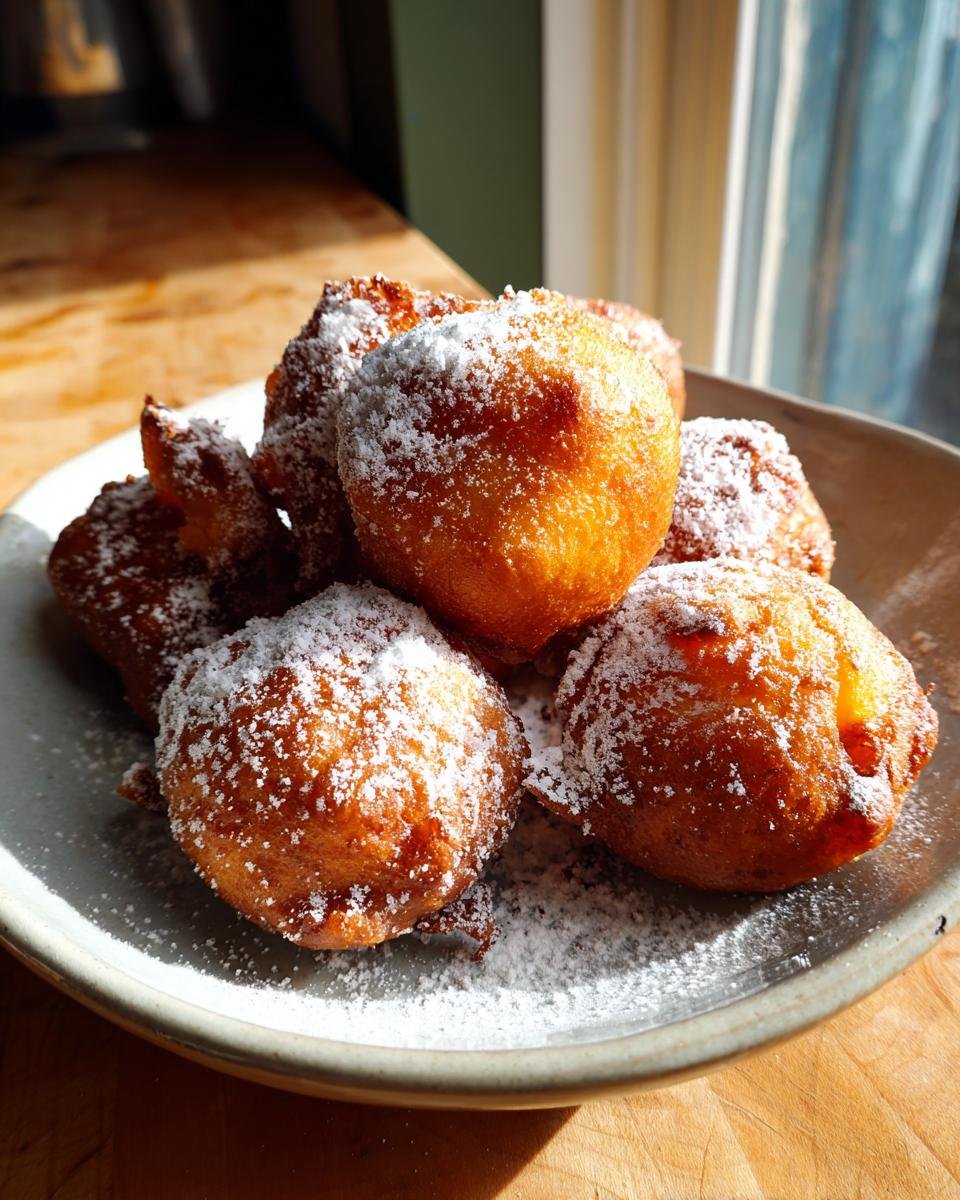 A plate piled high with golden brown Fresh Peach Fritters generously dusted with white powdered sugar.