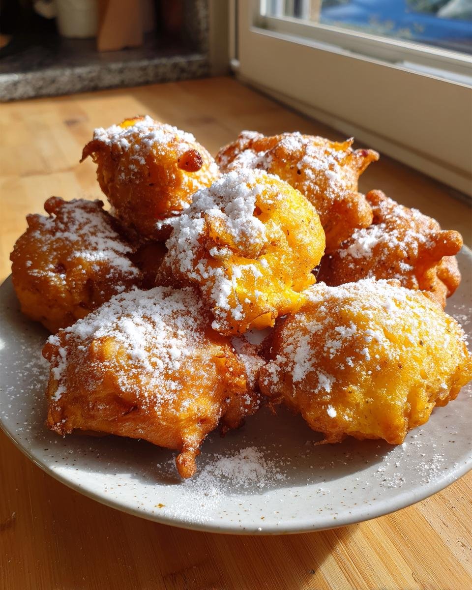 A plate of freshly fried, golden brown Fresh Peach Fritters heavily dusted with white powdered sugar.