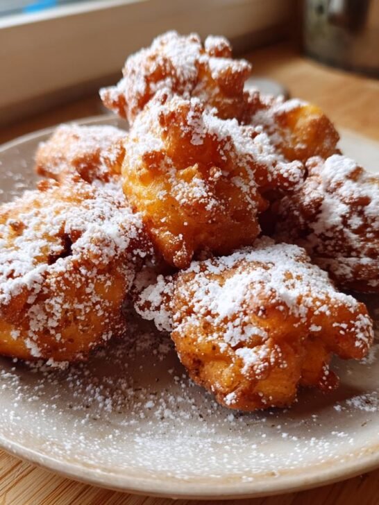 A plate of golden brown Fresh Peach Fritters generously dusted with white powdered sugar.