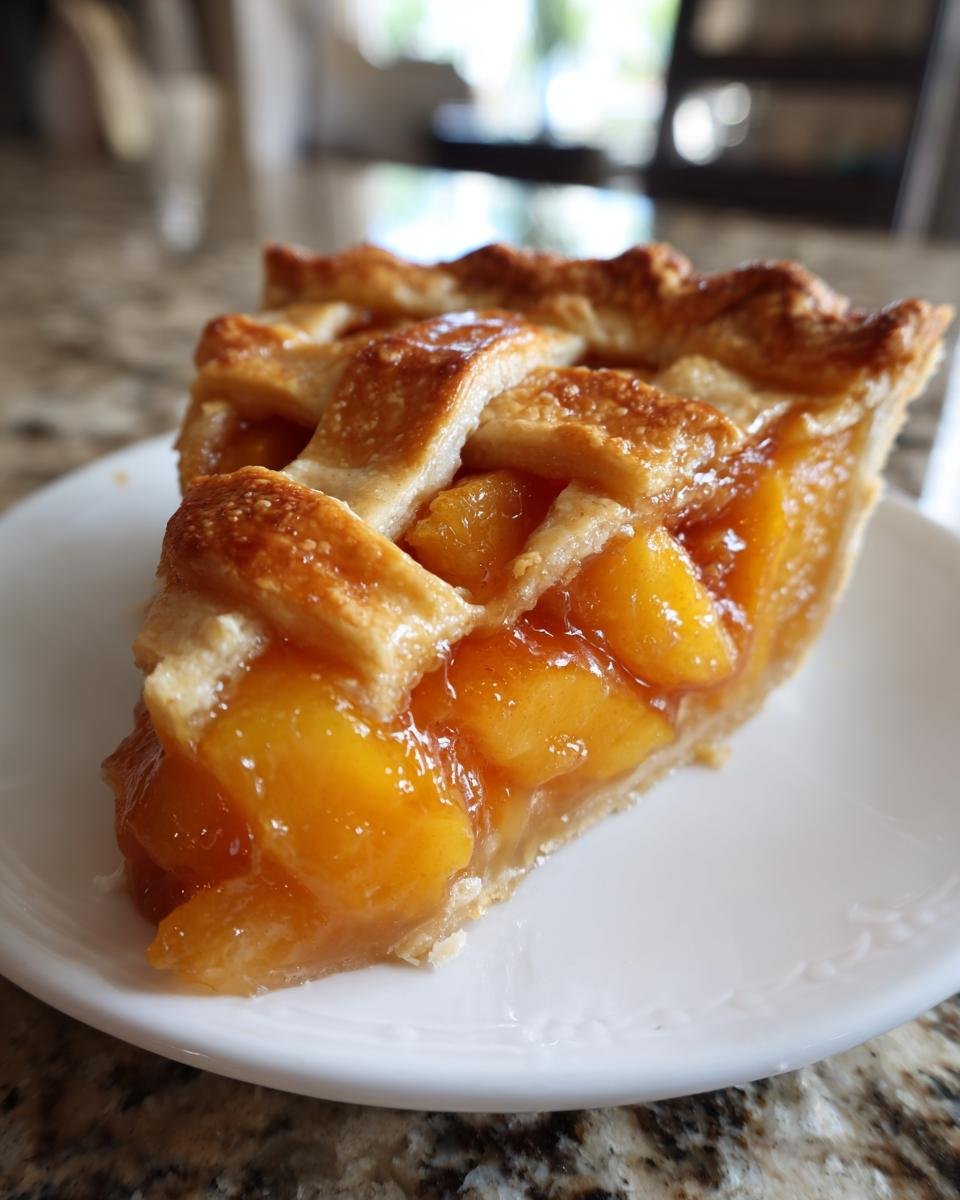 Close-up of a perfect slice of Fresh Peach Pie Recipe showing juicy filling and golden lattice crust.