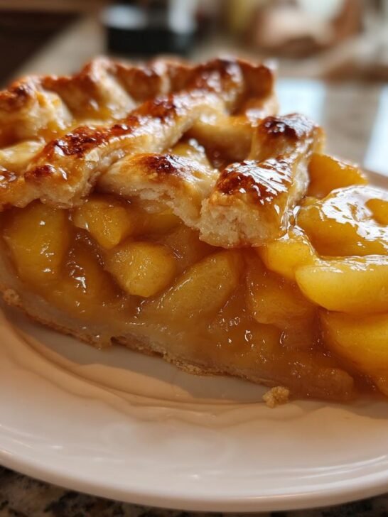 A close-up of a glistening slice from a Fresh Peach Pie Recipe with a lattice crust.