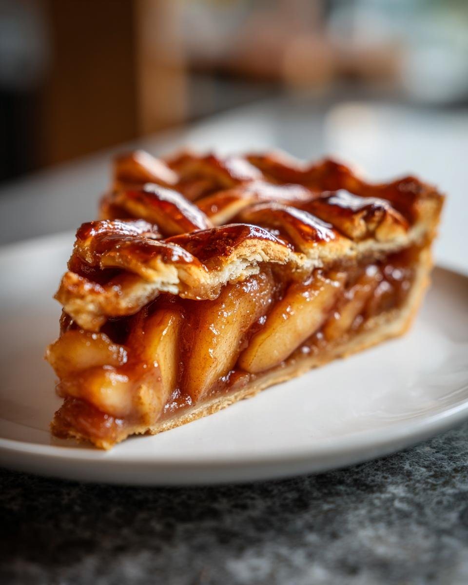A close-up of a single slice of Fresh Peach Pie Recipe showing thick, glazed peach filling and a golden lattice crust.