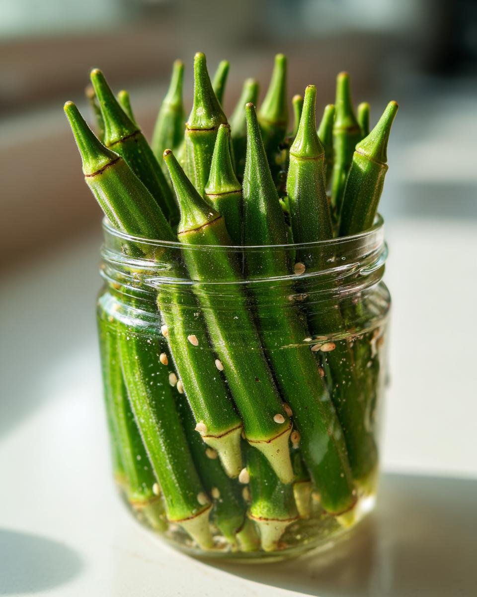 Fresh, bright green okra spears packed vertically in a glass jar with pickling brine and visible seeds, ready for Pickled Okra.