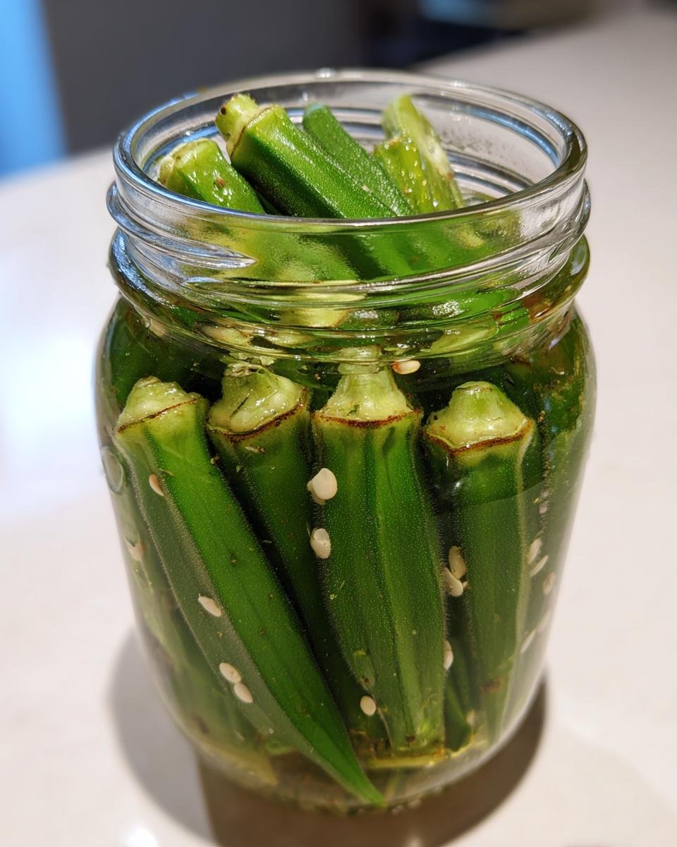 Close-up of fresh, green Pickled Okra tightly packed vertically in a clear glass canning jar submerged in brine.