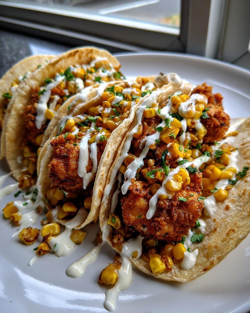Three delicious Fried Chicken Street Corn Tacos topped with charred corn, white ranch drizzle, and cilantro on a white plate.