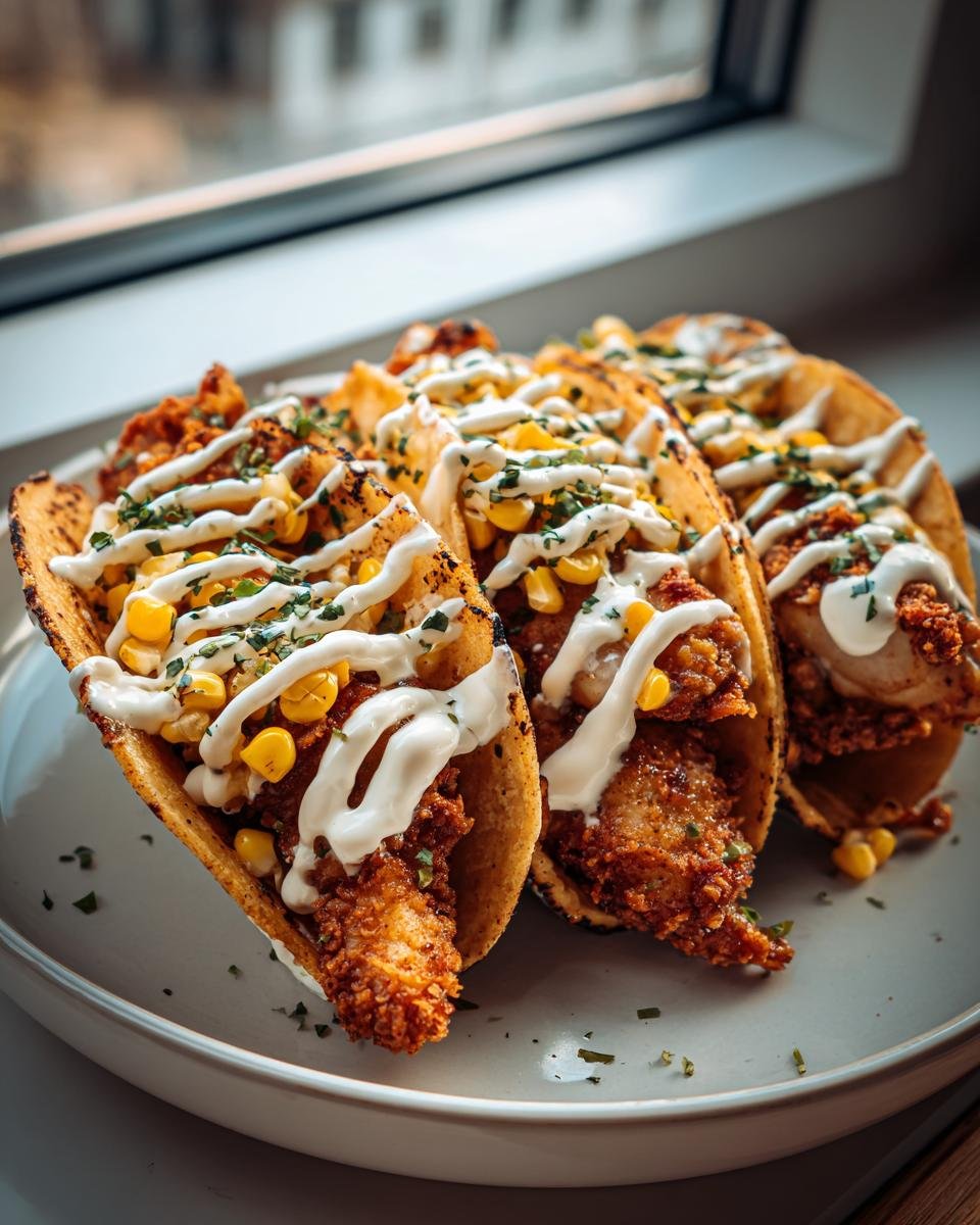 Three crispy Fried Chicken Street Corn Tacos topped with corn, white sauce, and herbs, ready to eat.