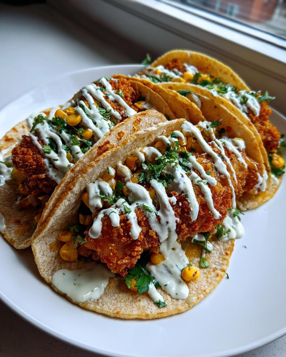 Four Fried Chicken Street Corn Tacos topped with creamy Jalapeno Lime Ranch dressing and cilantro on a white plate.