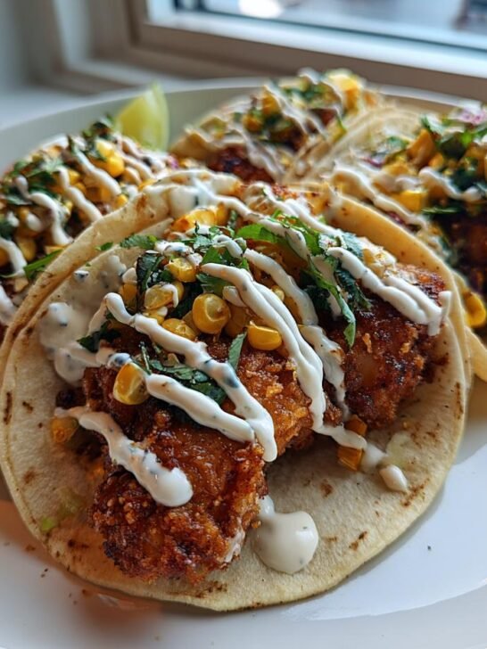 Close-up of three Fried Chicken Street Corn Tacos topped with corn salsa and drizzled with Jalapeno Lime Ranch.