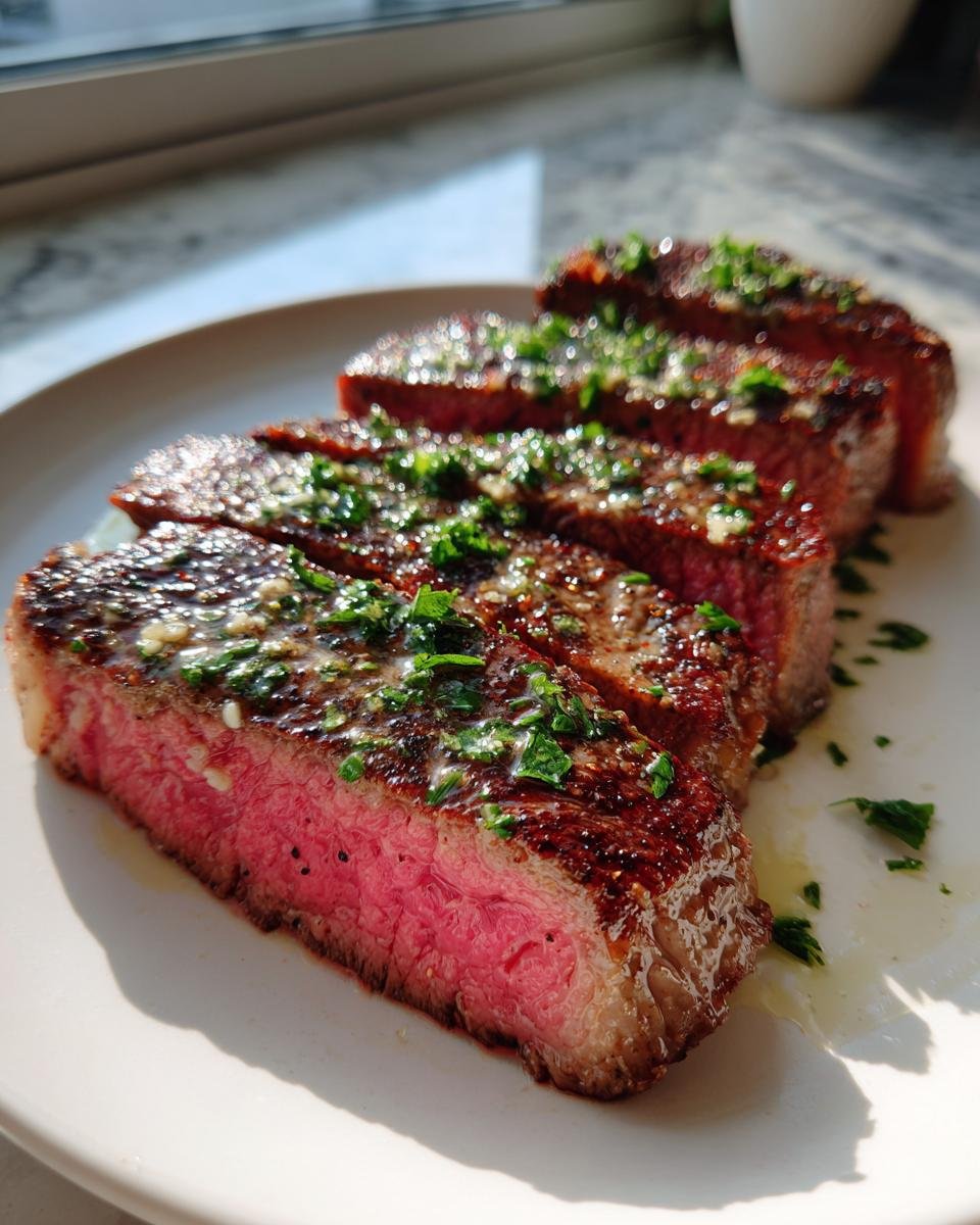 Slices of medium-rare Garlic Butter Brazilian Steak topped with glistening butter and fresh parsley.
