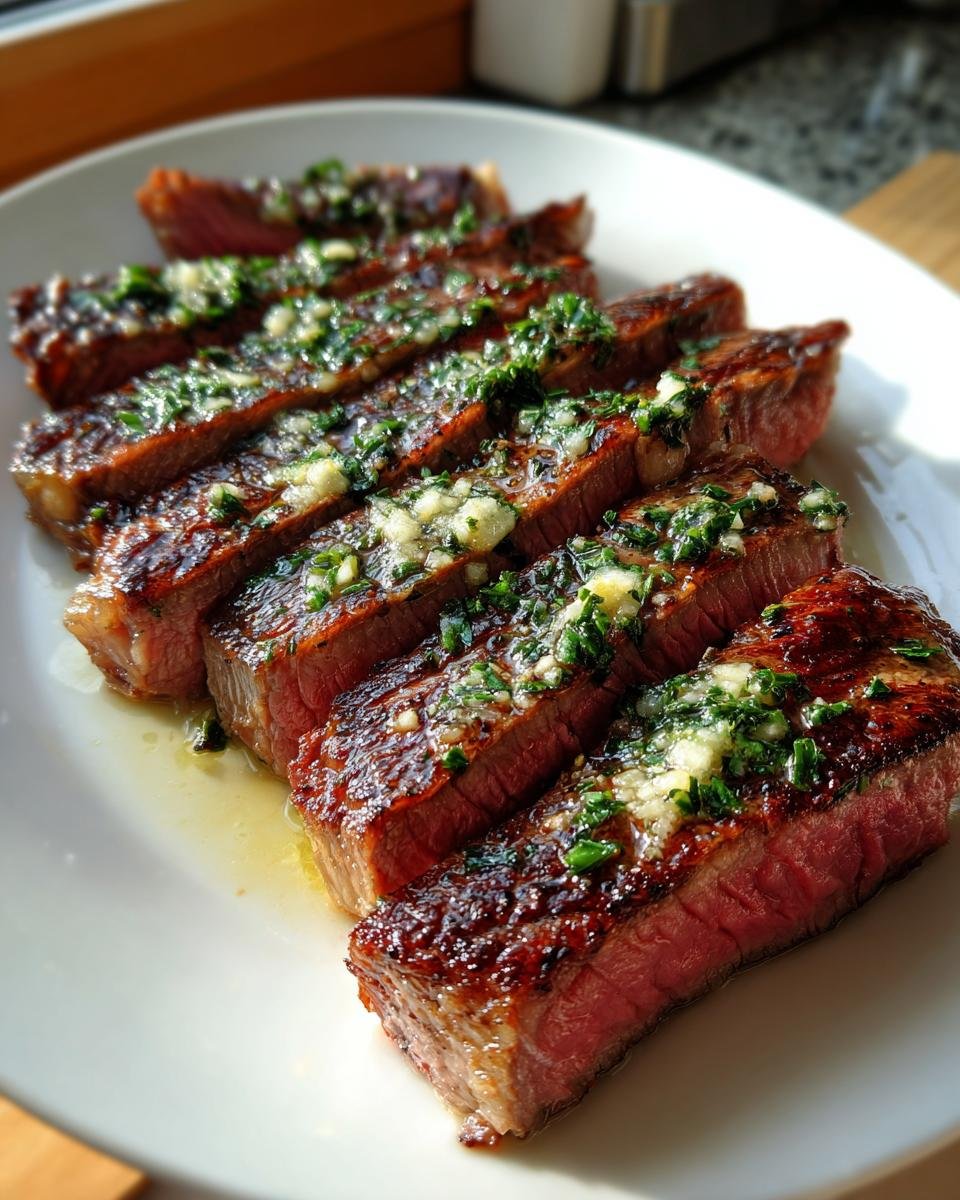 Perfectly cooked and sliced Garlic Butter Brazilian Steak topped with melted butter, minced garlic, and fresh herbs.