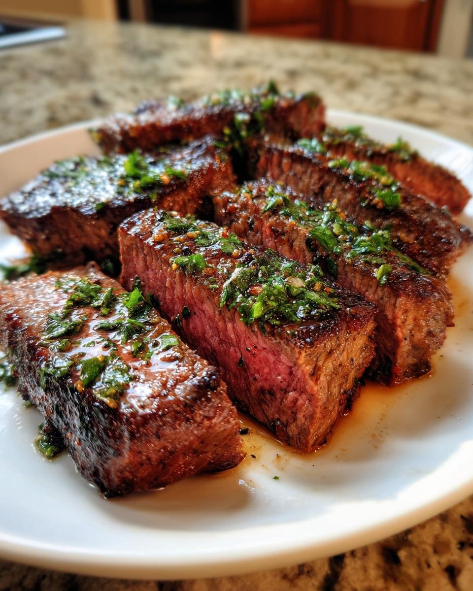 Close-up of medium-rare Garlic Butter Brazilian Steak, sliced and drizzled with herb butter.