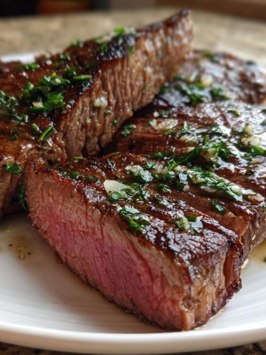 Close-up of perfectly cooked Garlic Butter Brazilian Steak, sliced to show medium-rare interior, topped with garlic and parsley butter.