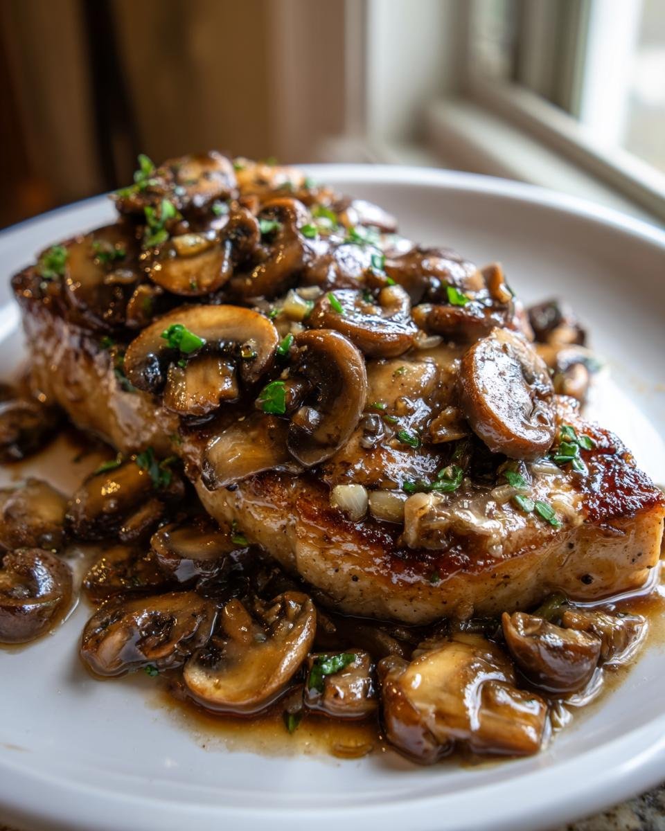 A close-up of a perfectly seared pork chop smothered in rich Garlic Butter Mushroom sauce.