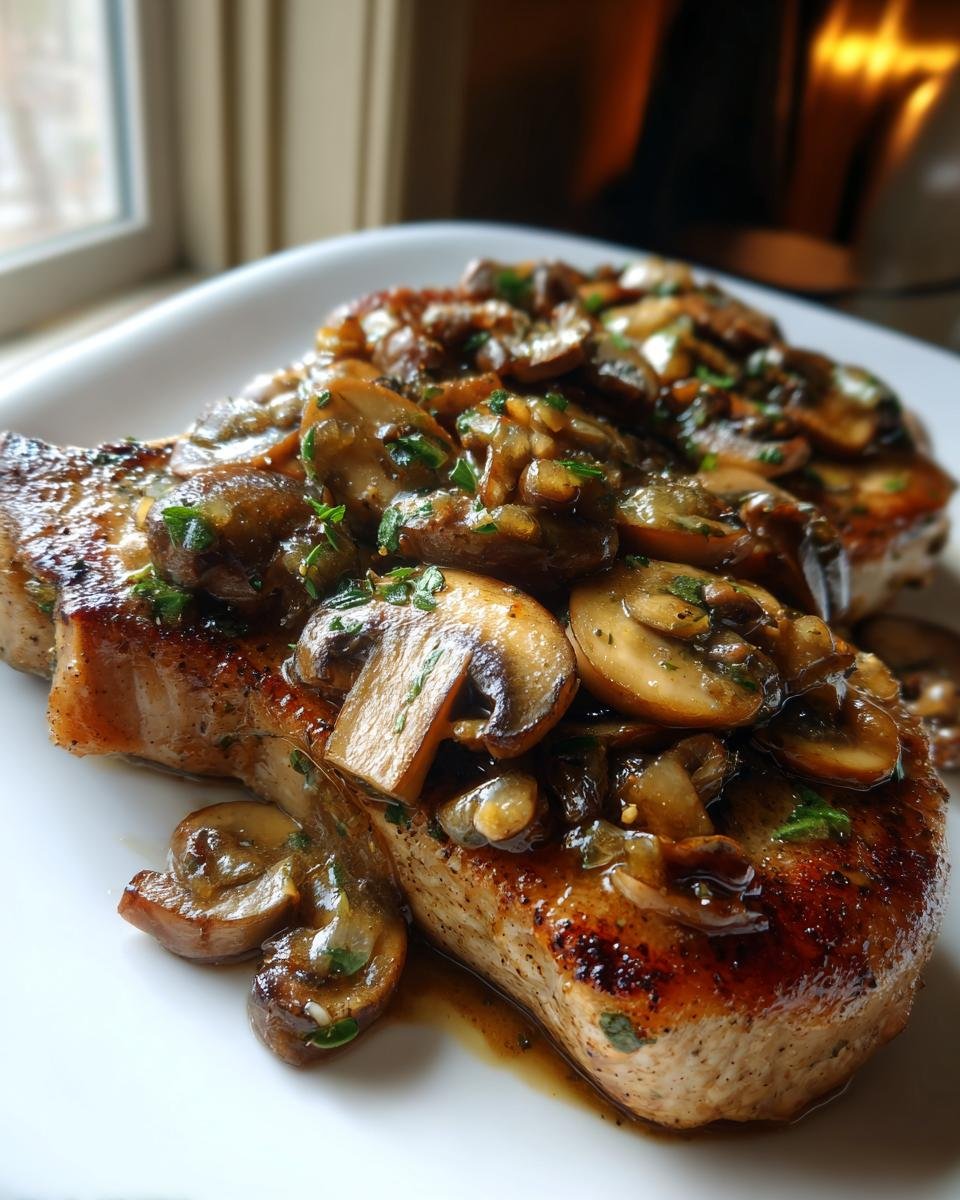 A close-up of juicy Garlic Butter Mushroom Pork Chops smothered in savory mushroom sauce on a white plate.