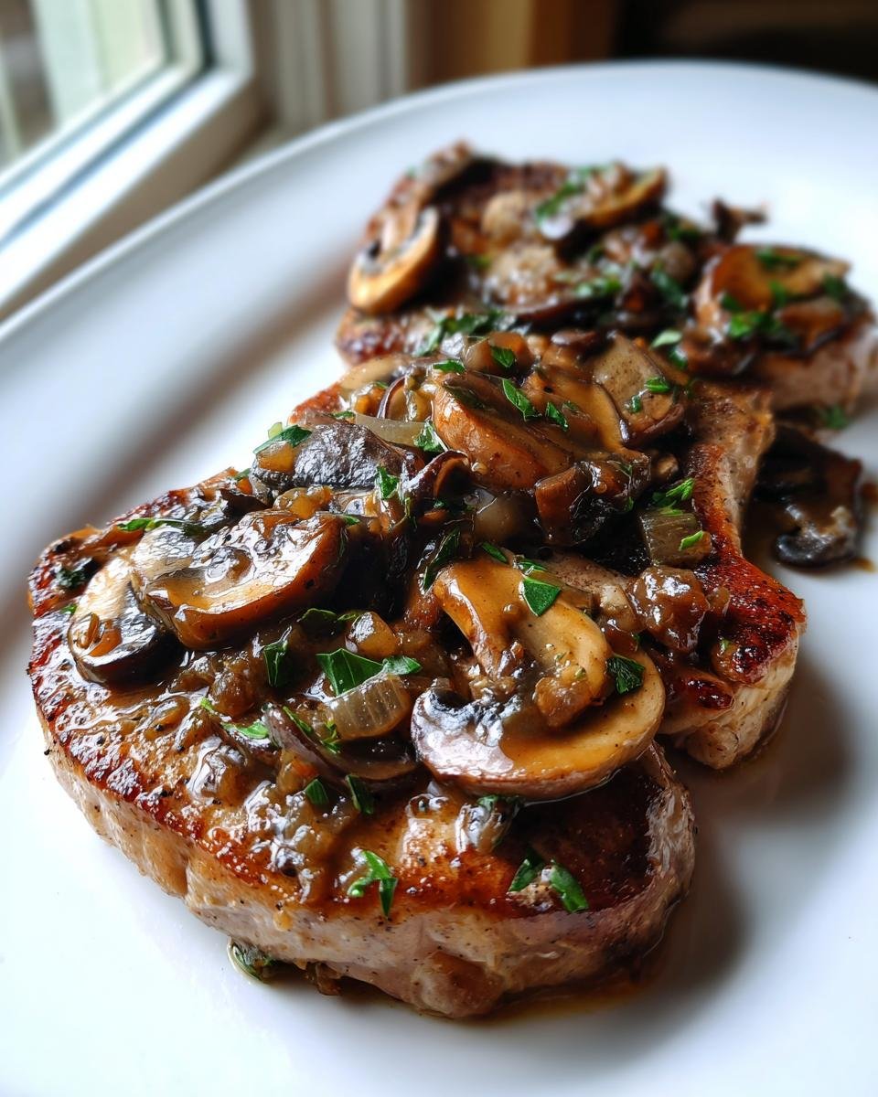 Close-up of seared pork chops smothered in a rich garlic butter mushroom sauce, garnished with parsley.