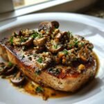 A juicy, seared pork chop topped with saut&eacute;ed mushrooms and herbs, covered in garlic butter sauce. Garlic Butter Mushroom Pork Chops.