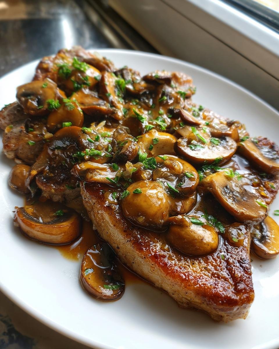 Close-up of seared pork chops topped generously with glossy Garlic Butter Mushroom Pork Chops sauce and fresh parsley.