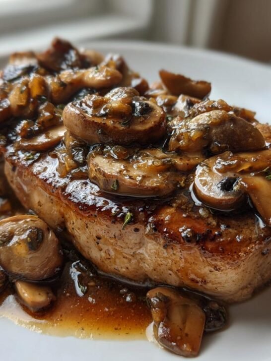 Two thick, seared pork chops smothered in a rich garlic butter mushroom sauce.