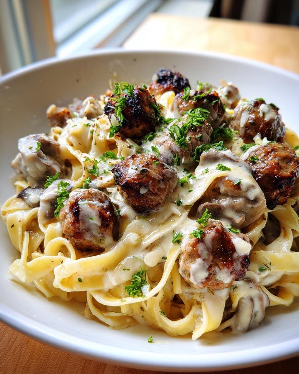 Close-up of fettuccine pasta tossed in creamy parmesan sauce with browned sausage bites, garnished with parsley.