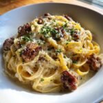 A close-up of Garlic Butter Sausage Bites With Creamy Parmesan Pasta, topped with grated cheese and fresh parsley.
