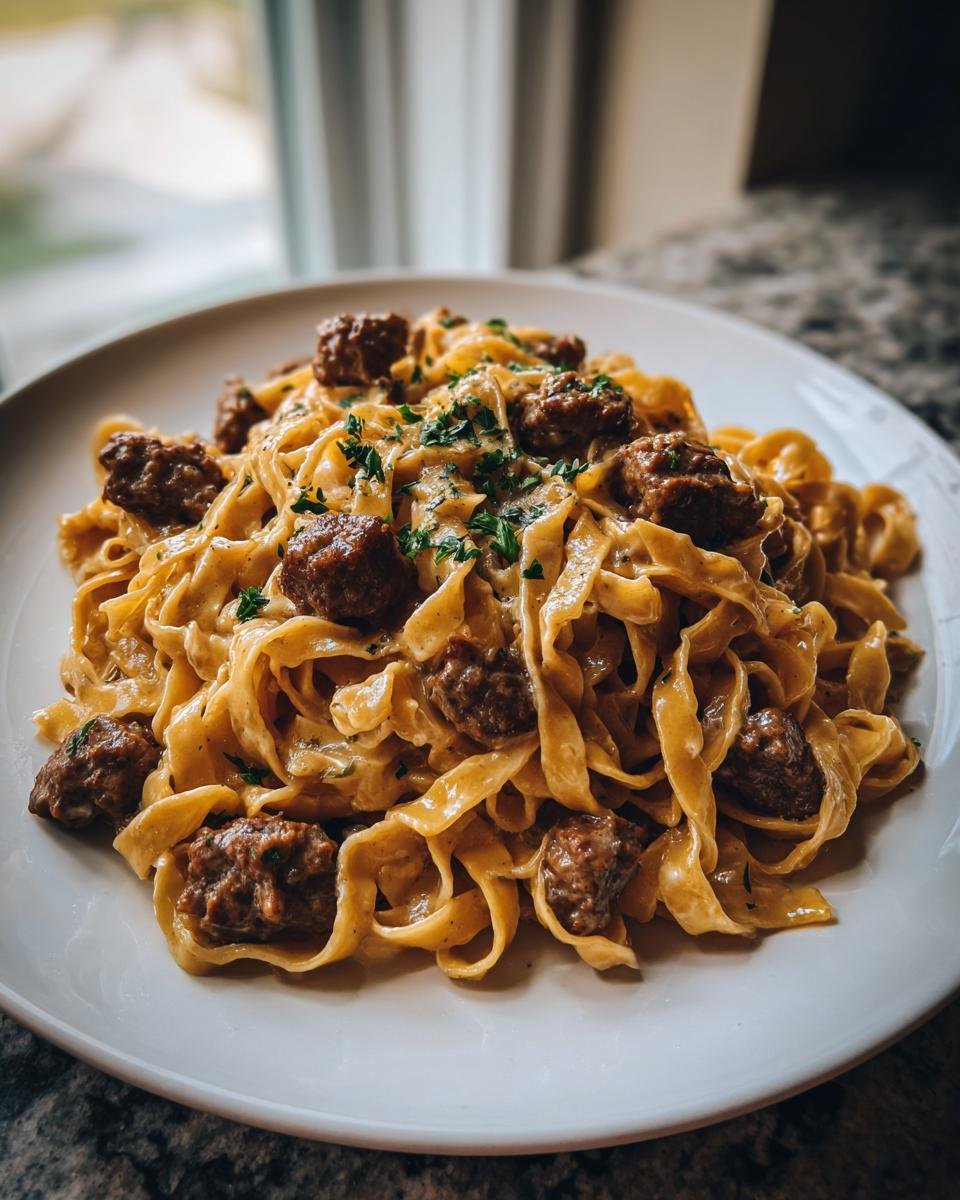 A close-up of Garlic Butter Sausage Bites With Creamy Parmesan Pasta served on a white plate, garnished with parsley.