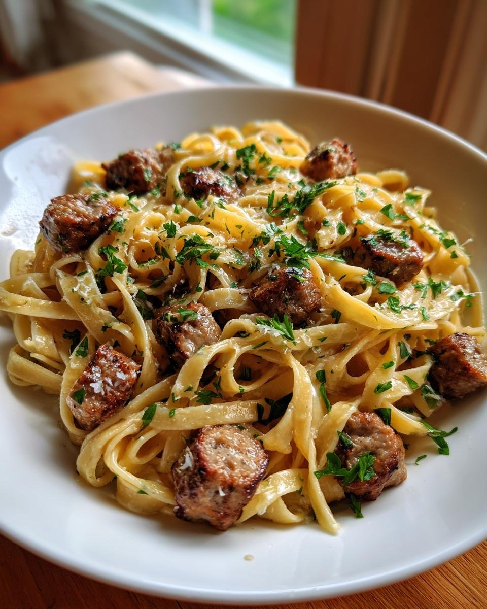 A white bowl filled with creamy fettuccine pasta tossed with browned Garlic Butter Sausage Bites and fresh parsley.