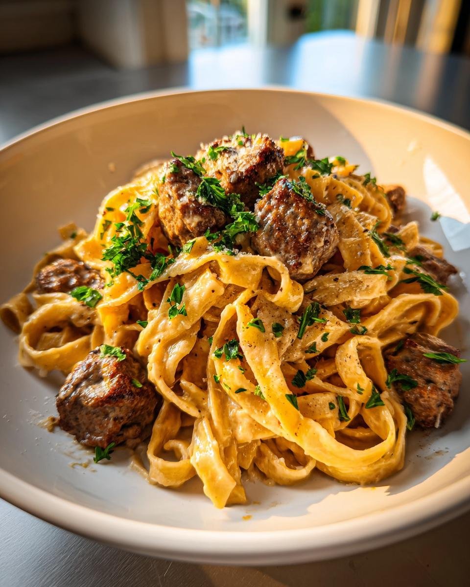 Close-up of creamy fettuccine pasta topped with seared Garlic Butter Sausage Bites and fresh parsley.