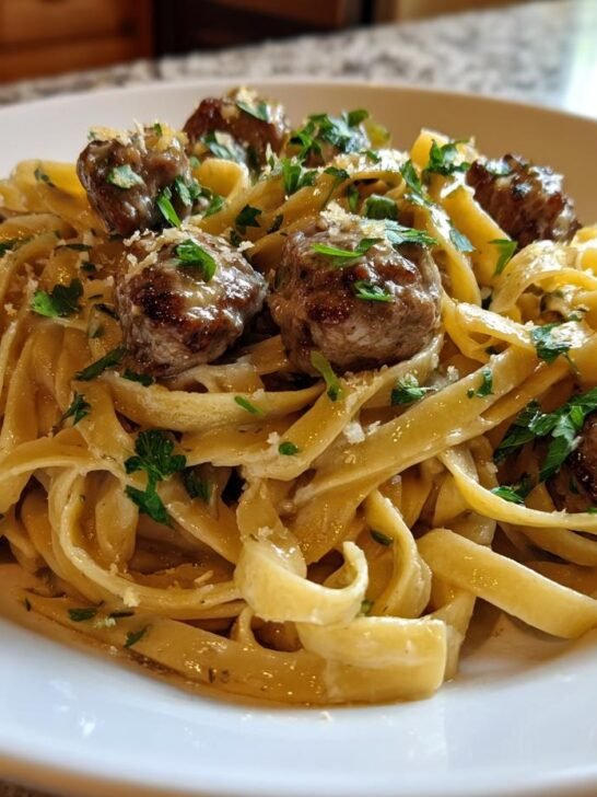 A close-up of Garlic Butter Sausage Bites With Creamy Parmesan Pasta served on a white plate, garnished with parsley.