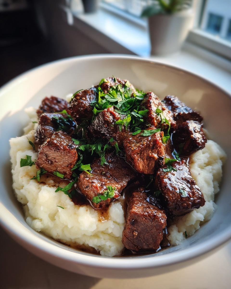 Close-up of rich Garlic Butter Steak Bites served over creamy mashed potatoes and topped with fresh parsley.