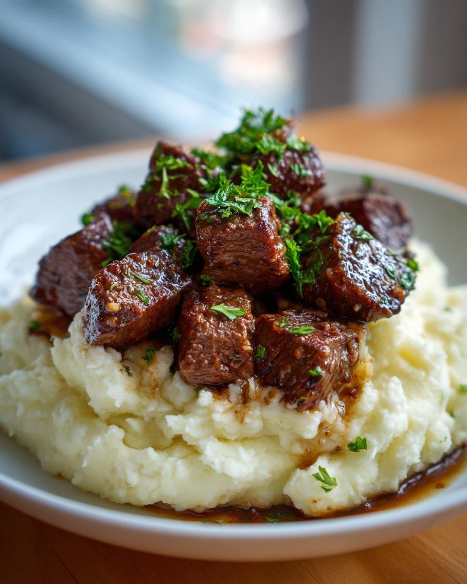 Close-up of Garlic Butter Steak Bites Mash, featuring juicy steak cubes over creamy mashed potatoes, topped with parsley.