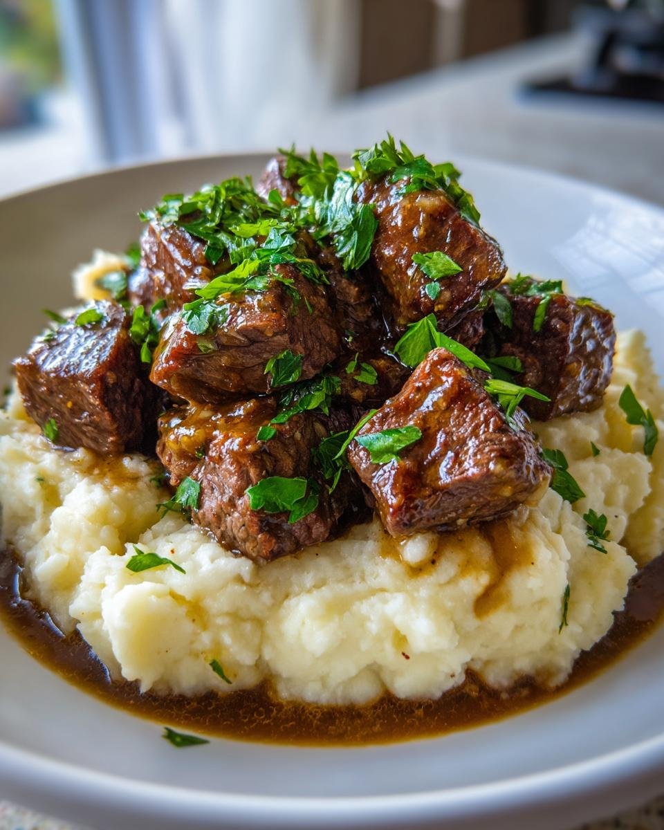 Close-up of tender Garlic Butter Steak Bites served over creamy mashed potatoes and topped with fresh parsley.