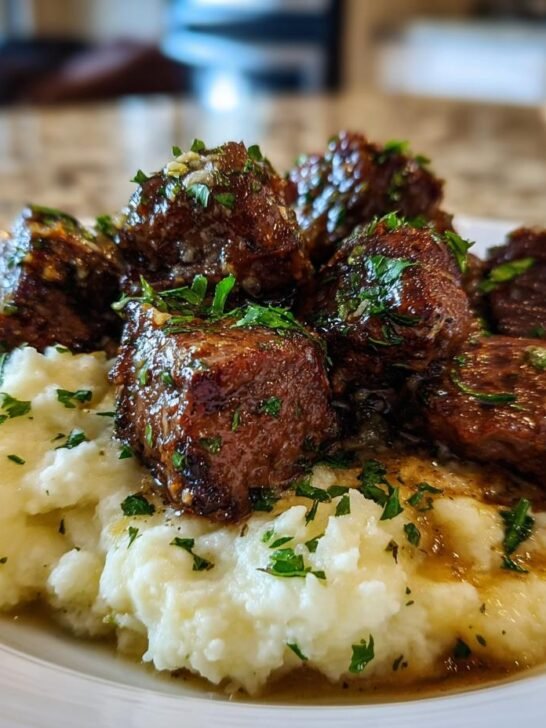 A serving of Garlic Butter Steak Bites Mash featuring juicy steak cubes over creamy mashed potatoes, garnished with parsley.
