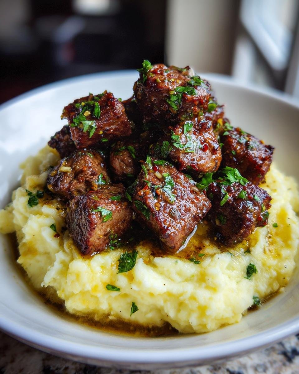 Close-up of juicy Garlic Butter Steak Bites Mash topped with fresh parsley.