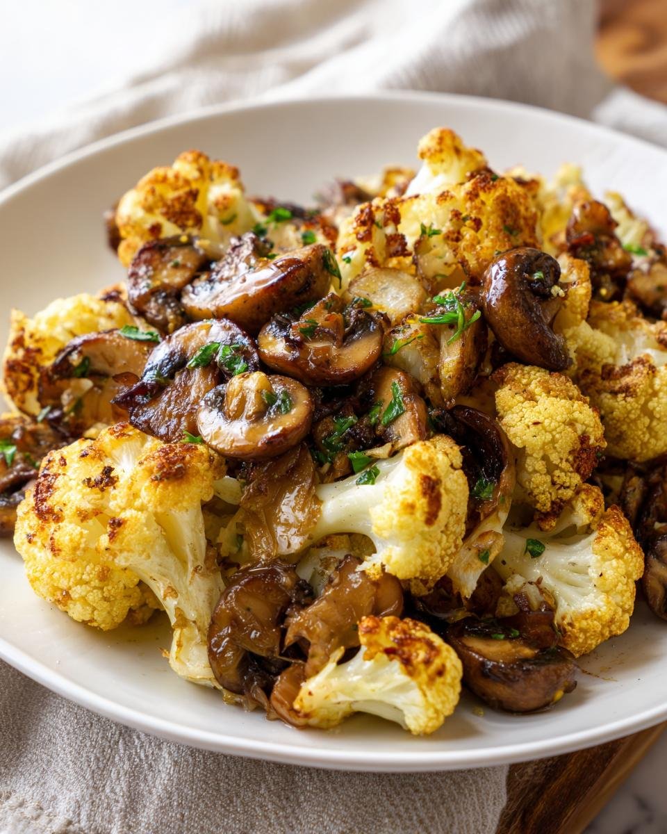 Close-up of roasted cauliflower florets mixed with caramelized mushrooms, garnished with parsley, ready for the Garlic Cauliflower Mushroom Skillet.