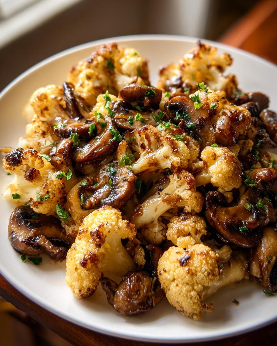 Close-up of roasted cauliflower florets and saut&eacute;ed mushrooms, garnished with parsley, from the Garlic Cauliflower Mushroom Skillet.