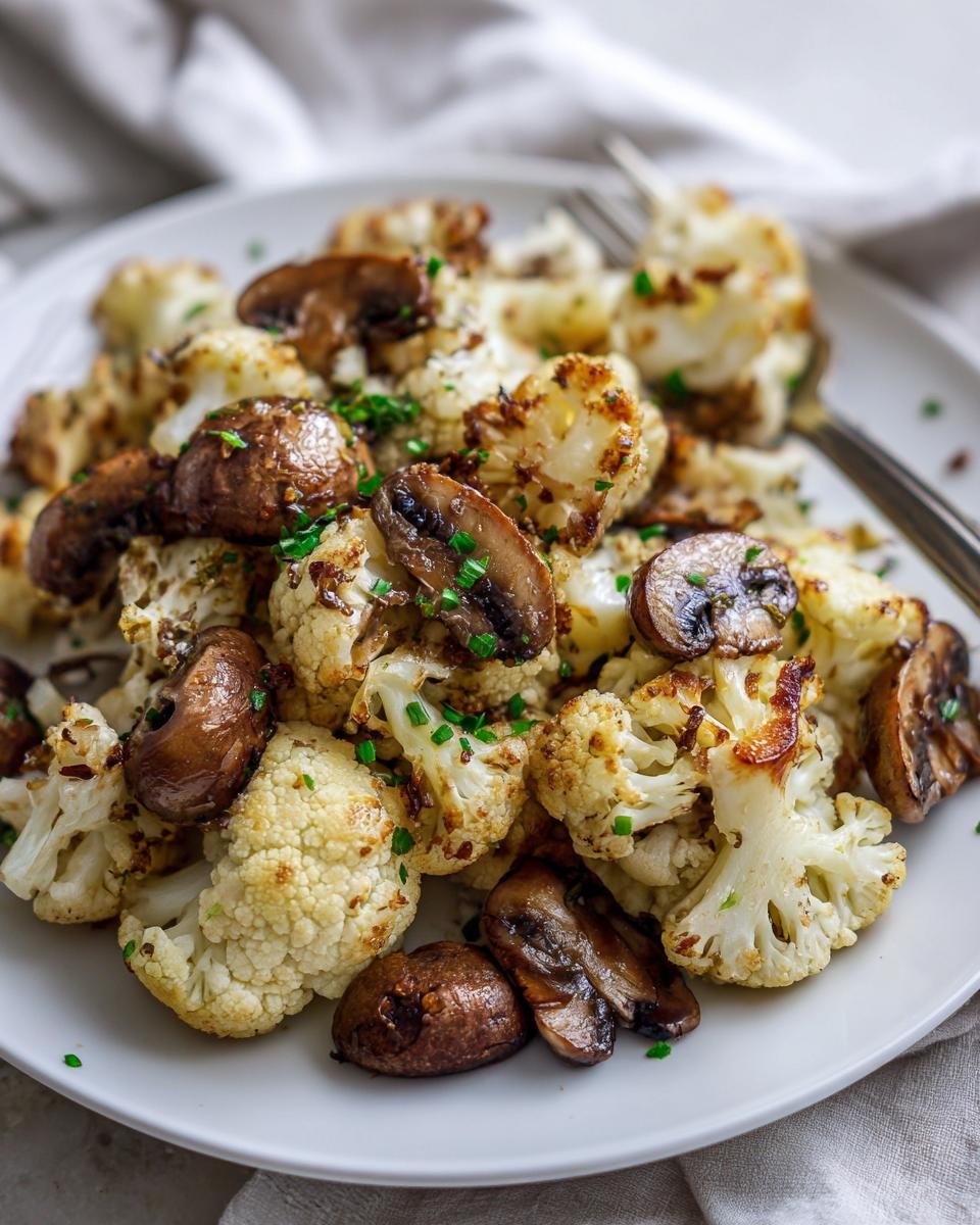 Close-up of roasted cauliflower florets and sliced mushrooms, seasoned and garnished, from the Garlic Cauliflower Mushroom Skillet.
