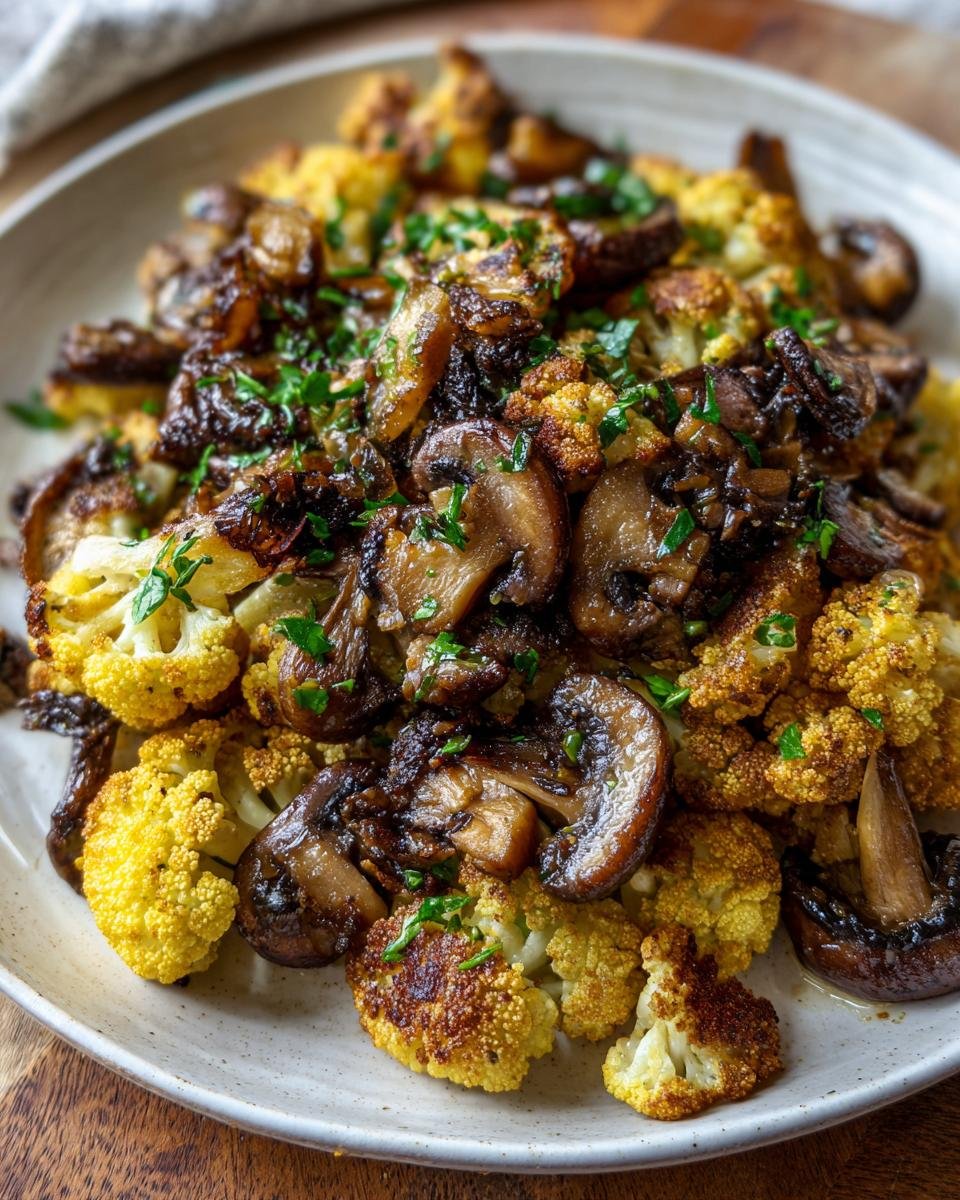 Close-up of a Garlic Cauliflower Mushroom Skillet, featuring browned cauliflower florets and saut&eacute;ed mushrooms topped with fresh parsley.