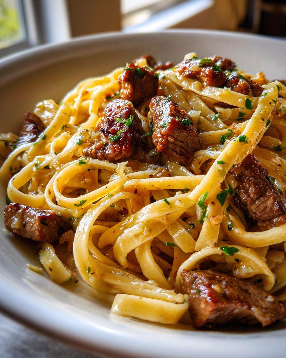 A close-up, appetizing view of creamy Garlic Steak Pasta featuring fettuccine noodles and chunks of seared steak, garnished with parsley.
