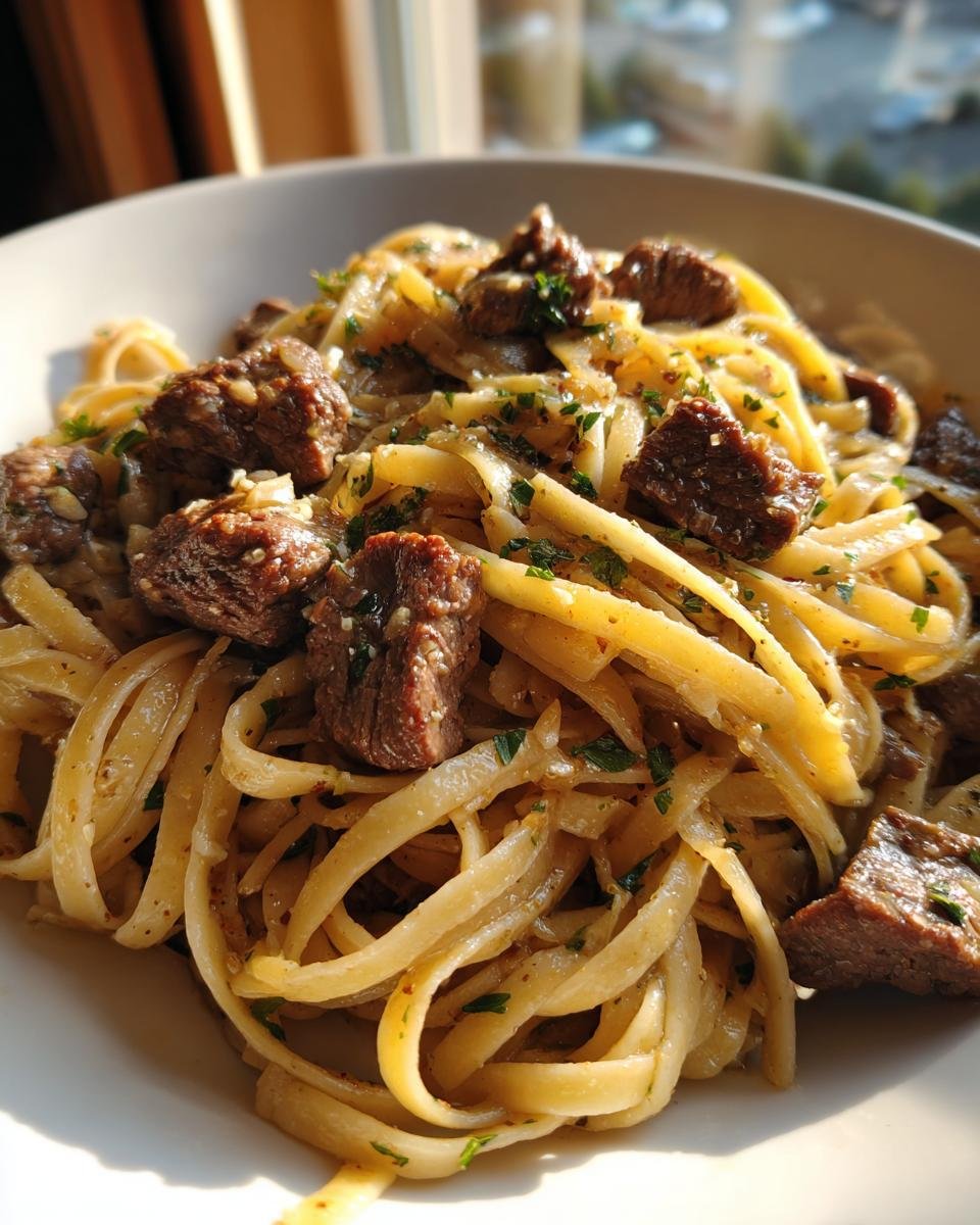 Close-up of a bowl filled with Garlic Steak Pasta, featuring linguine tossed in a light sauce with chunks of steak and parsley.
