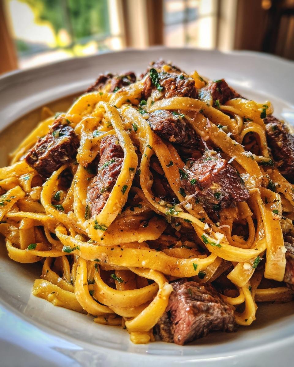 A close-up of a rich serving of Garlic Steak Pasta featuring fettuccine noodles tossed in a creamy sauce with chunks of steak and fresh parsley.