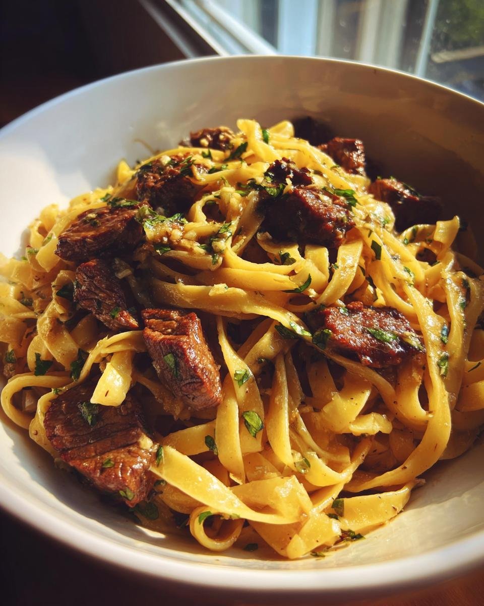 Close-up of rich Garlic Steak Pasta featuring fettuccine noodles and cubed steak, garnished with parsley.