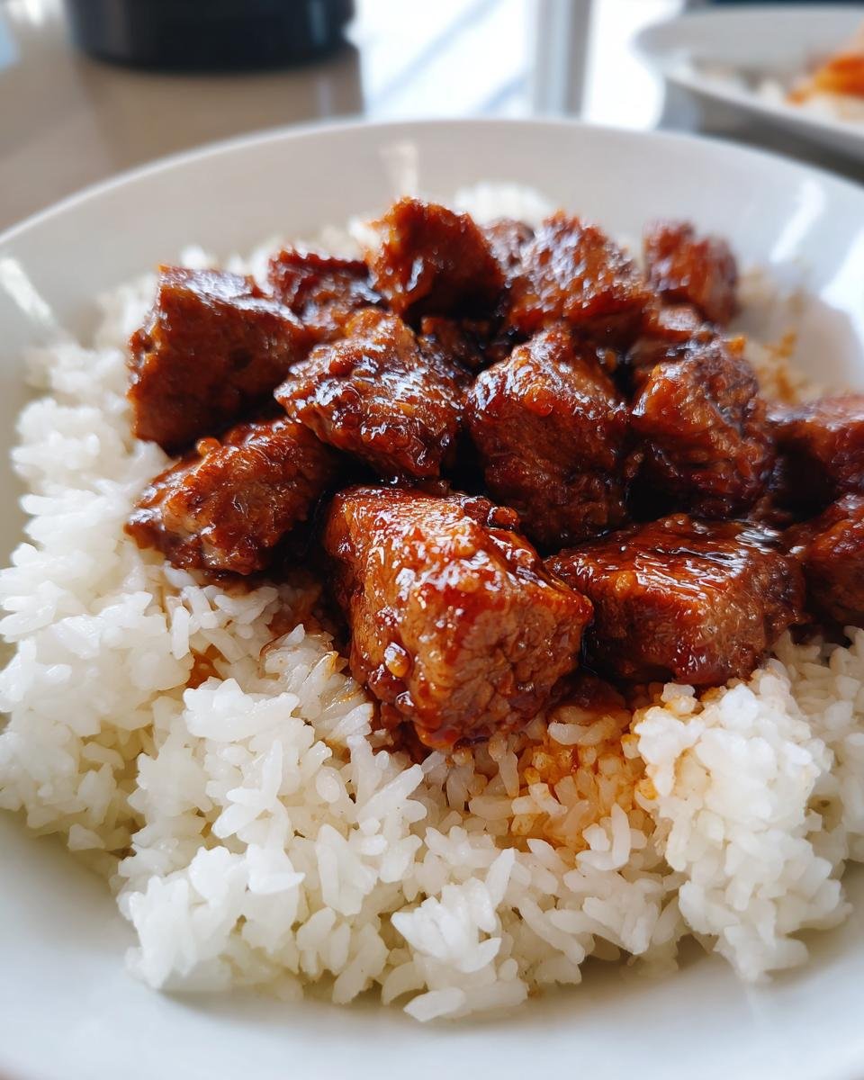 Close-up of glazed Ginger Lime Pork pieces served over fluffy white coconut rice in a white bowl.