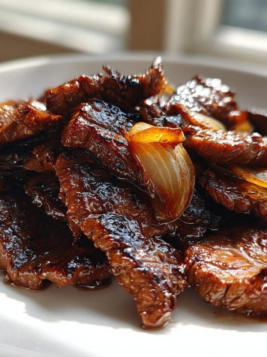 Close-up of perfectly caramelized slices of Bulgogi beef mixed with saut&eacute;ed onions on a white plate.