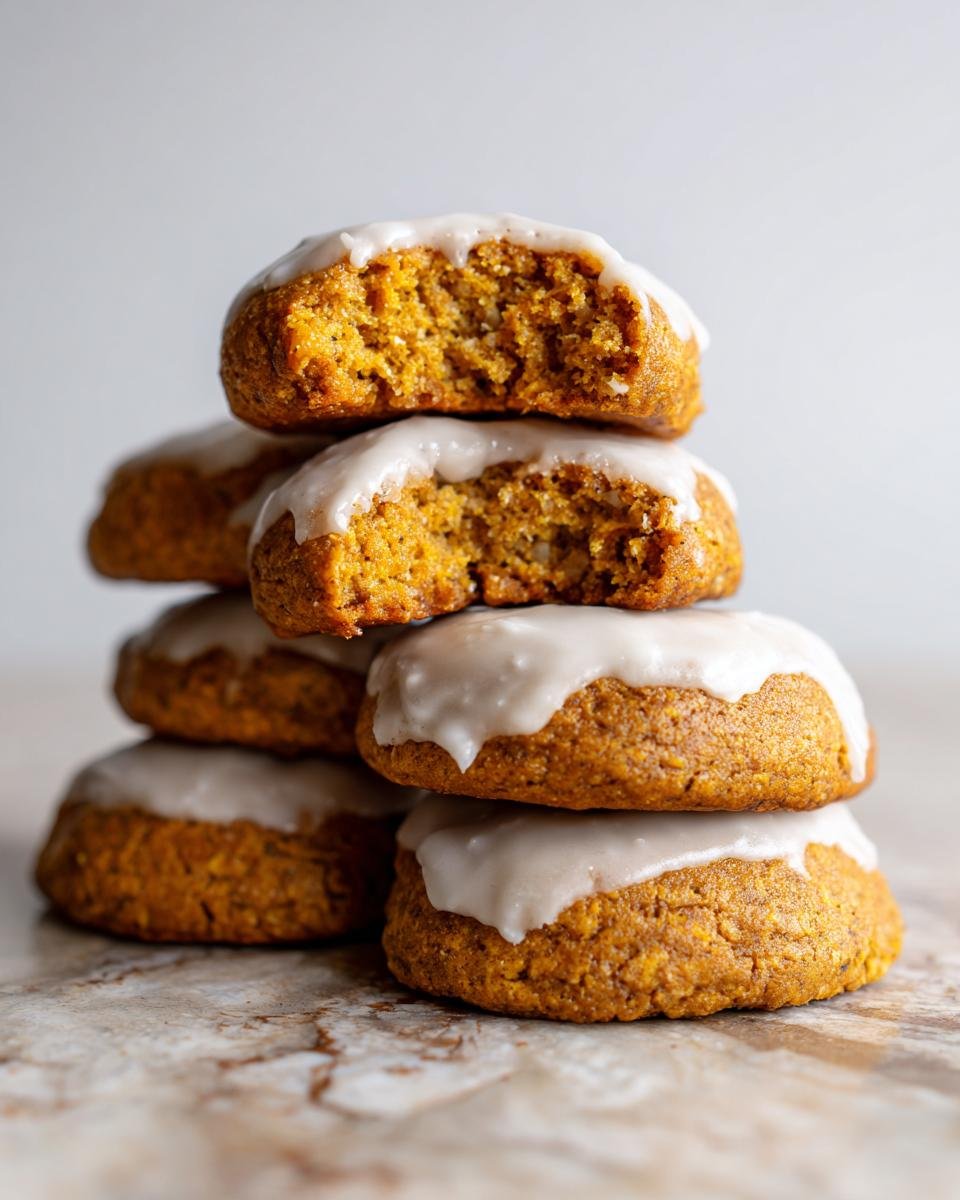 A stack of soft, orange Glazed Pumpkin Cookies, with the top two cookies broken to show the moist interior.