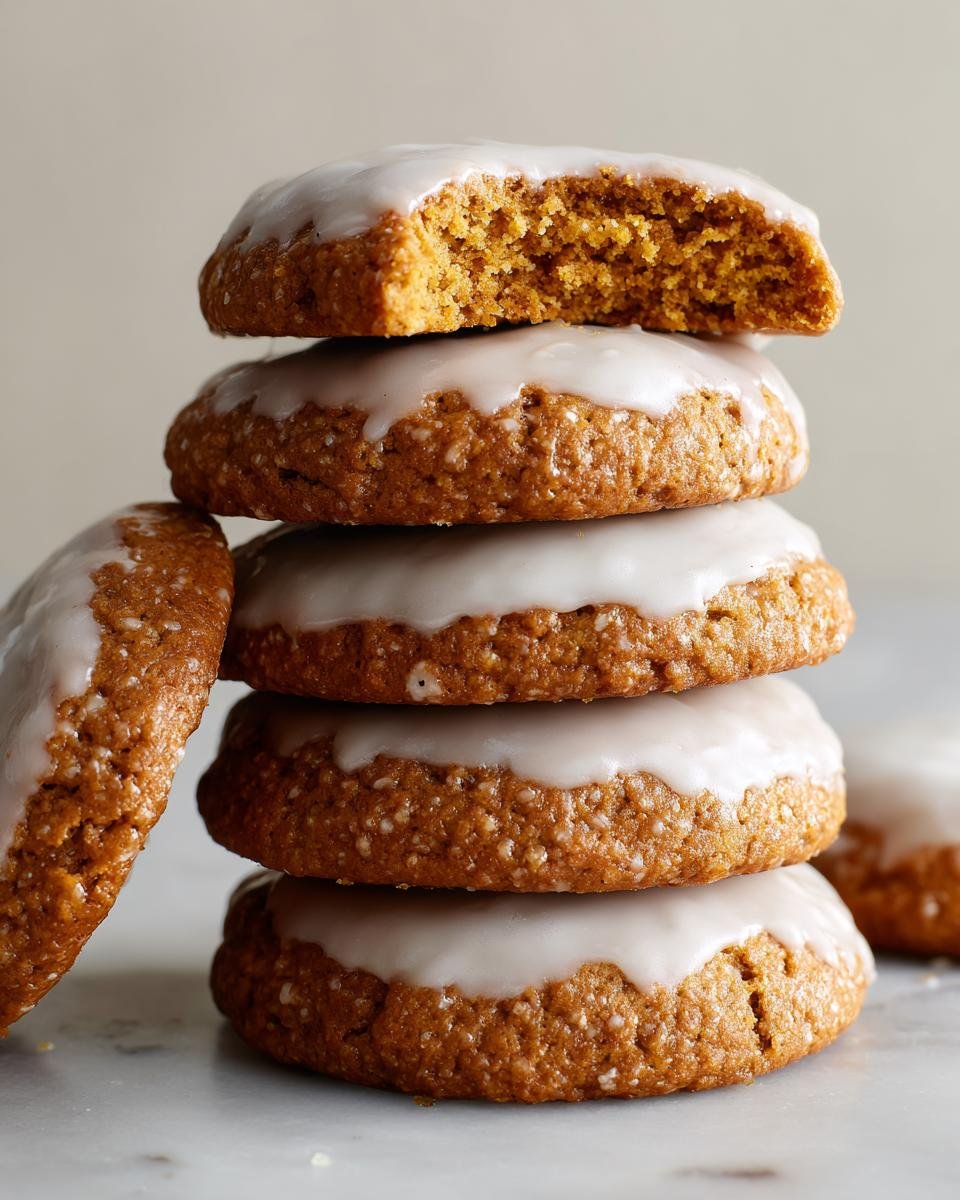 A stack of four soft Glazed Pumpkin Cookies, topped with white icing, with the top cookie broken to show the moist interior.